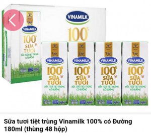 SỮA TƯƠI TRIỆT TRÙNG  VINAMILK 100% CÓ ĐƯỜNG 180ml(THÙNG 48 HỘP)